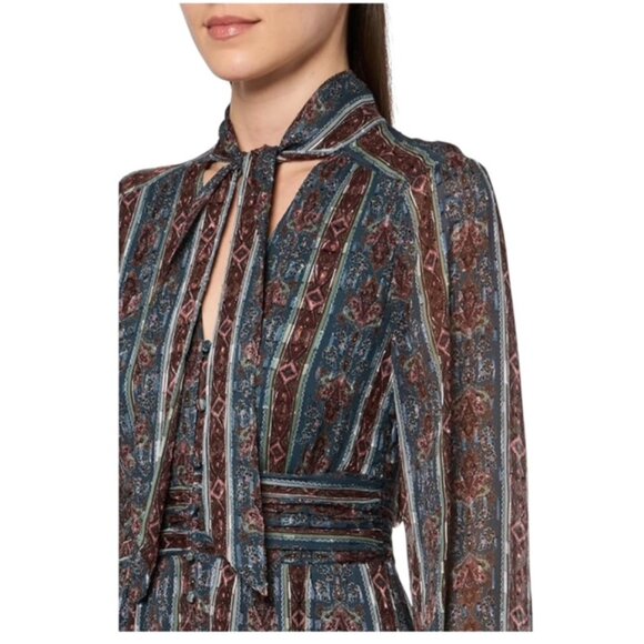 Paige Size 14 Gallery Necktie Long Sleeve V Neck Silk Blend Midi Dress NWT - Picture 2 of 10